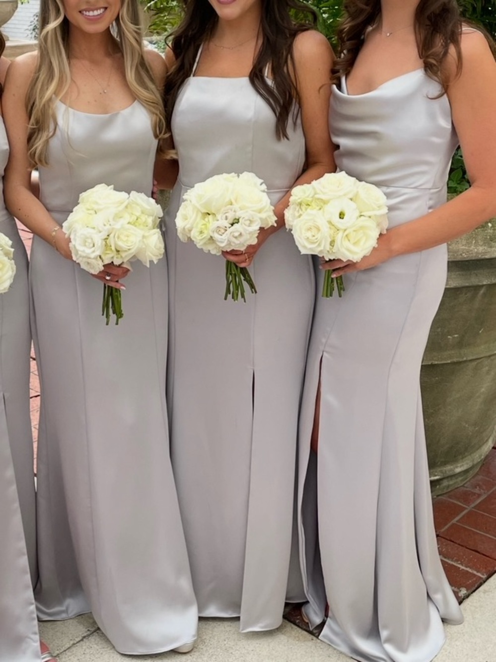 Amsale “Nakia” Silver Satin Bridesmaid Maxi Dress - Column Silhouette